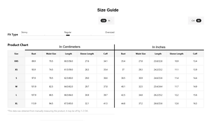 A size guide chart showing product measurements in centimeters and inches for sizes XXS to XL, with fit type tabs at the top and a clean white background.