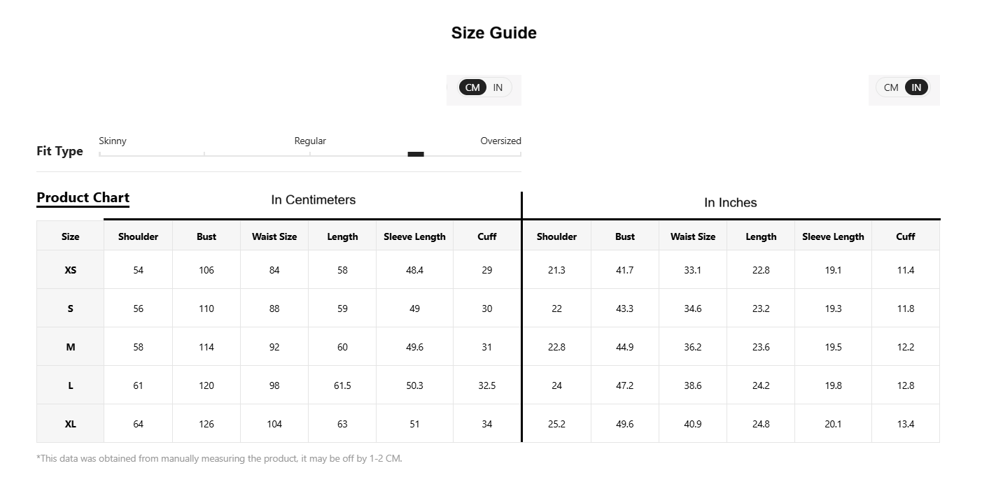 A size guide chart for apparel showing measurements in centimeters and inches for sizes XS through XL, with fit type tabs for Skinny, Regular, and Oversized at the top.