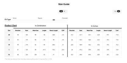 A size guide chart for apparel showing measurements in centimeters and inches for sizes XS through XL, with fit type tabs for Skinny, Regular, and Oversized at the top.