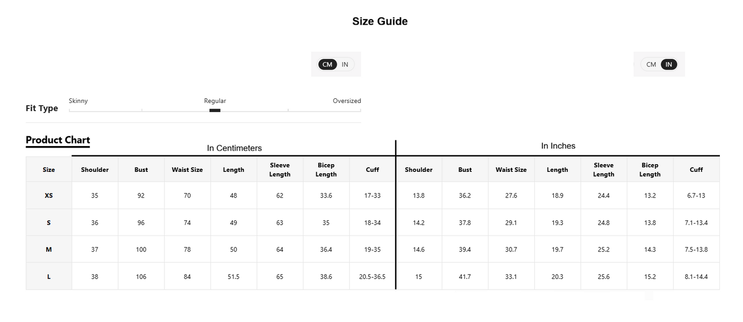 A size guide and product chart table showing measurements in centimeters and inches for clothing sizes XS through L, with columns for shoulder, bust, waist size, length, sleeve length, and cuff.