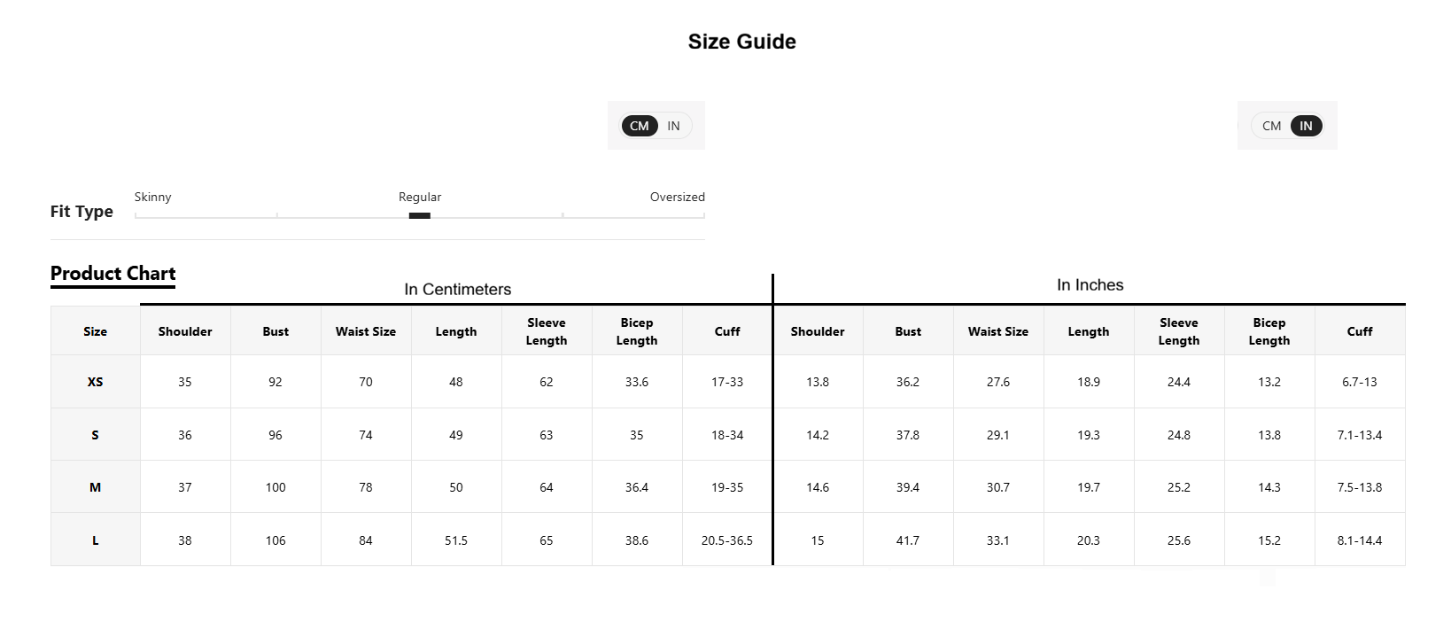 A size guide and product chart table showing measurements in centimeters and inches for clothing sizes XS through L, with columns for shoulder, bust, waist size, length, sleeve length, and cuff.