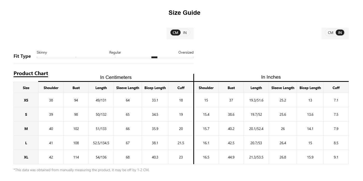 A size guide and product measurement chart showing fit type options and a size table with measurements in centimeters and inches forXS throughXL.