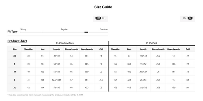 A size guide and product measurement chart showing fit type options and a size table with measurements in centimeters and inches forXS throughXL.