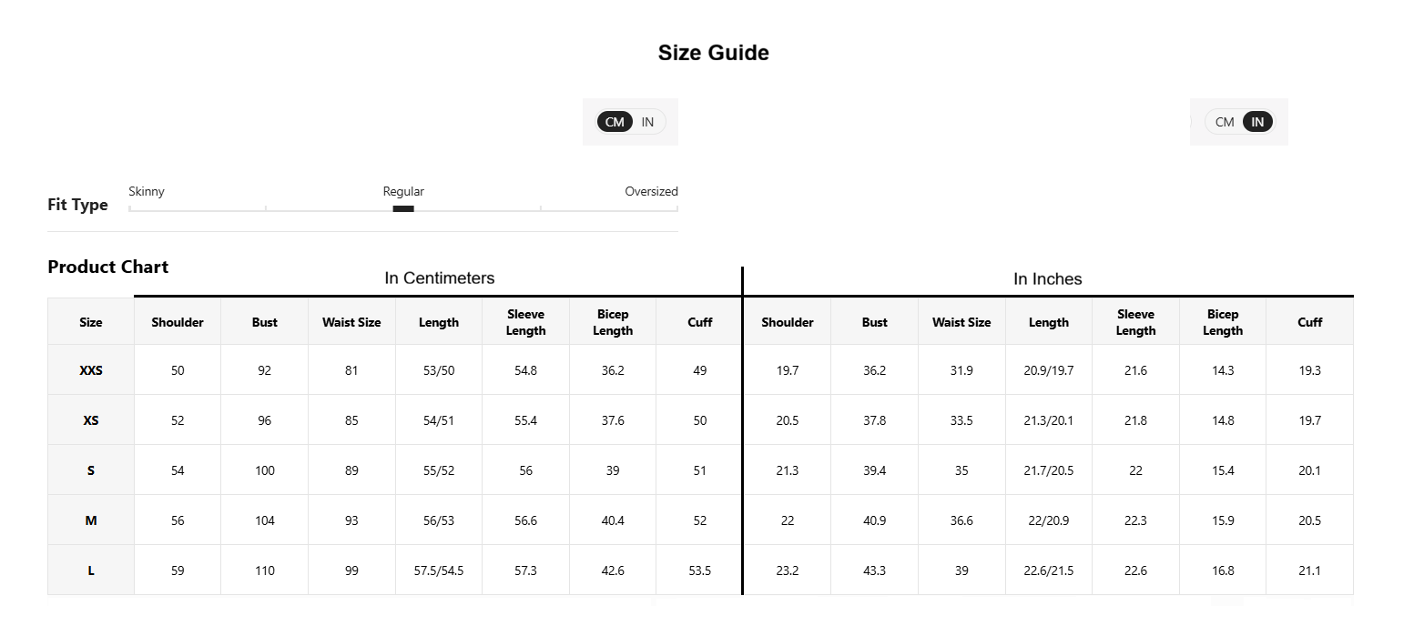A size guide and product chart table for apparel sizing, showing size options from XXS to L with measurements in centimeters and inches, plus fit type and body type fields at the top.