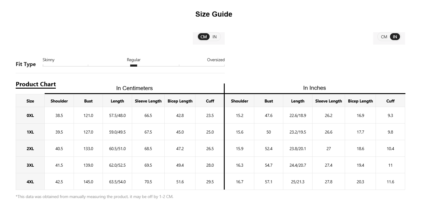 A size guide and product chart table showing measurements in centimeters and inches for sizes SLL, OLL, 2LL, and 4LL, with columns for shoulder, bust, length, sleeve length, sleep length, and cuff.
