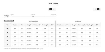 A size guide and product chart table showing measurements in centimeters and inches for sizes SLL, OLL, 2LL, and 4LL, with columns for shoulder, bust, length, sleeve length, sleep length, and cuff.