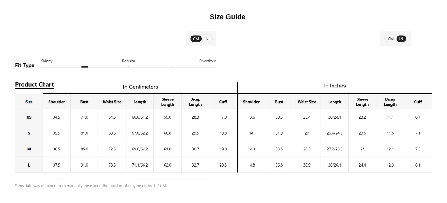 A size guide product chart showing measurements in centimeters and inches for sizes XS through L, with columns for shoulder, waist, length, sleeve length, bicep length, and cuff.