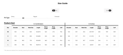 A size guide product chart table showing measurements in centimeters and inches for sizes XS through L, with columns for shoulder, bust, waist size, length, sleeve length, bicep length, and cuff.