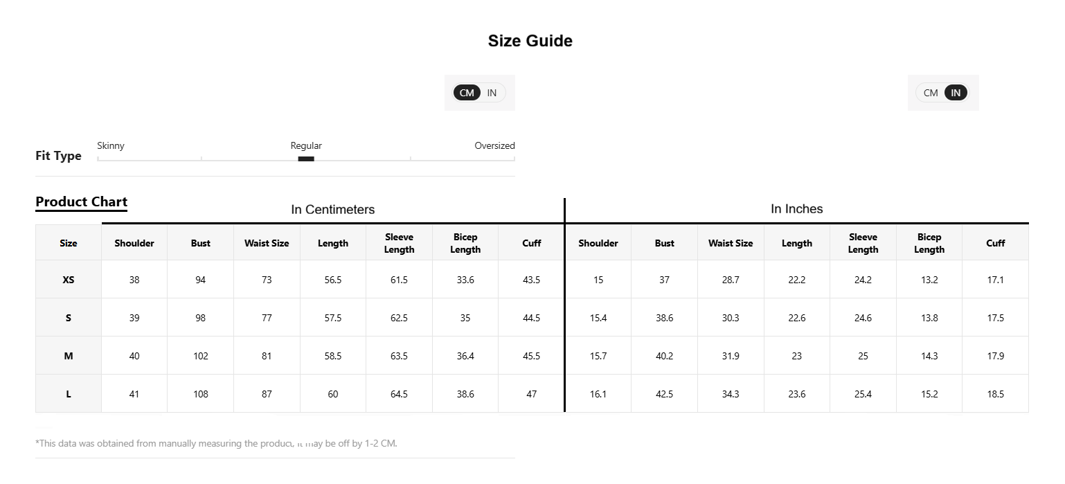 A size guide product chart showing measurements in centimeters and inches for sizes XS through L, with columns for shoulder, waist, length, sleeve length, bicep length, and cuff.