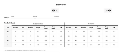 A size guide product chart showing measurements in centimeters and inches for sizes XS through L, with columns for shoulder, waist, length, sleeve length, bicep length, and cuff.