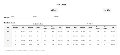 A size chart and fit type table for a product, showing measurements in centimeters and inches for sizes XS through L. The chart includes columns for shoulder, waist, length, sleeve length, and cuff, with a small fit type legend at the top.