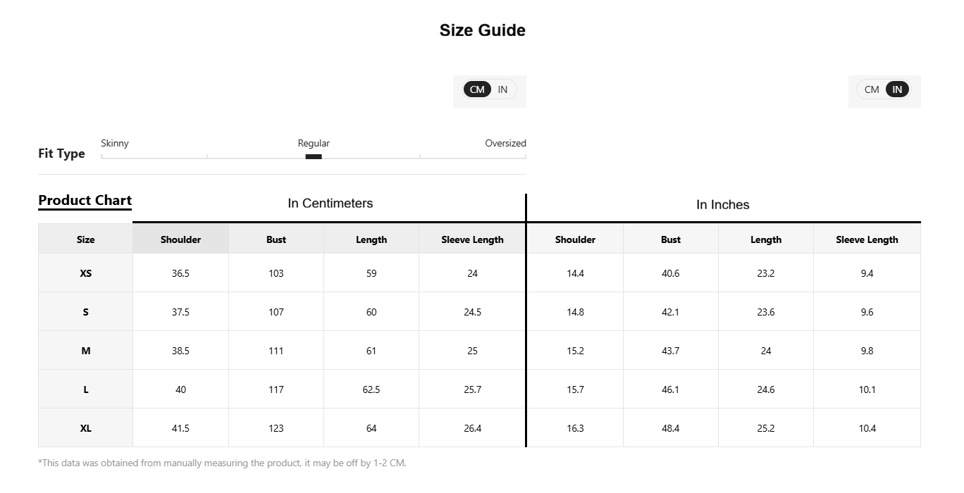 A size guide chart showing product measurements in centimeters and inches for sizes XS through XL, with columns for shoulder, bust, length, and sleeve length.