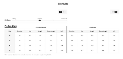 Size chart for clothing with measurements in centimeters and inches.