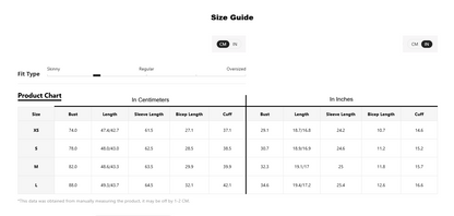 A size guide and product chart table for apparel sizing, showing fit type options and measurements in centimeters and inches for sizes XS through L.