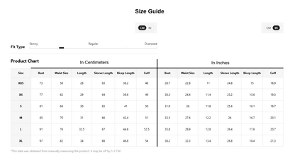 A size guide and product fit chart for apparel, showing measurements in centimeters and inches for different sizes from XXS to XL, with fit type labels at the top.