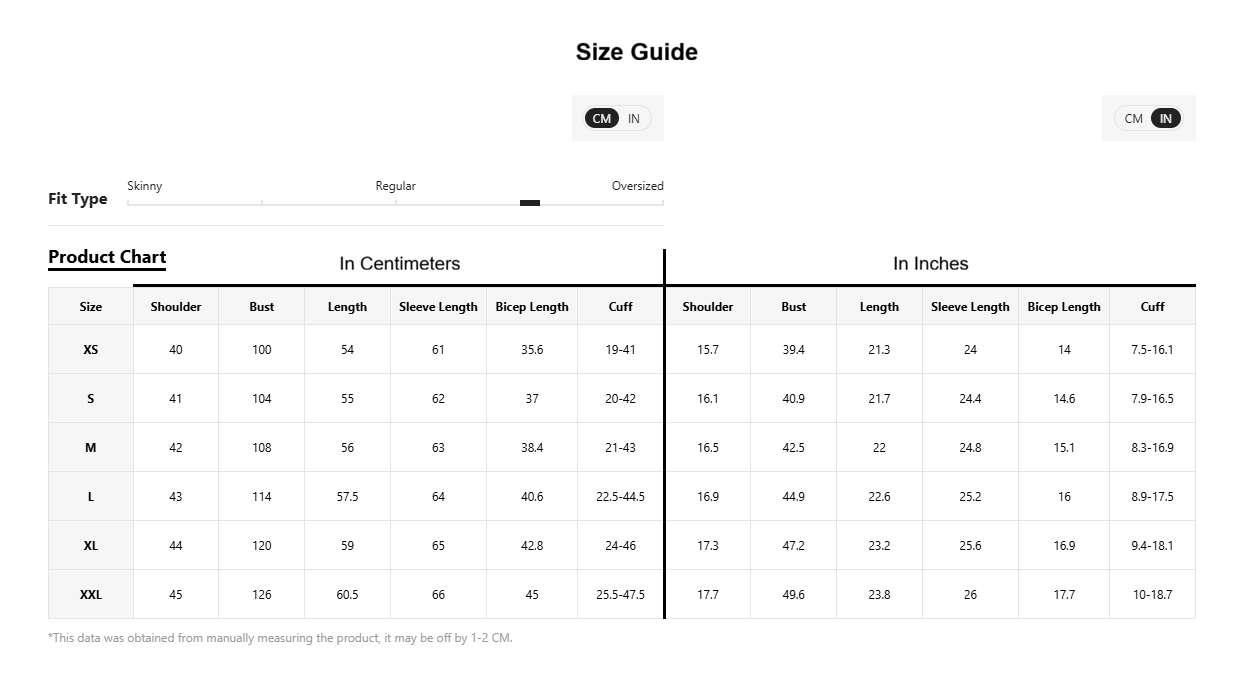 A size guide and product fit chart showing measurements in centimeters and inches for sizes XXS to XXXL, with fit type indicators for skinny, regular, and oversized.