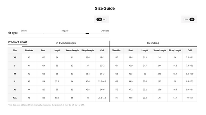 A size guide and product fit chart showing measurements in centimeters and inches for sizes XXS to XXXL, with fit type indicators for skinny, regular, and oversized.