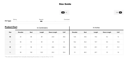 Size chart for clothing with measurements in centimeters and inches.