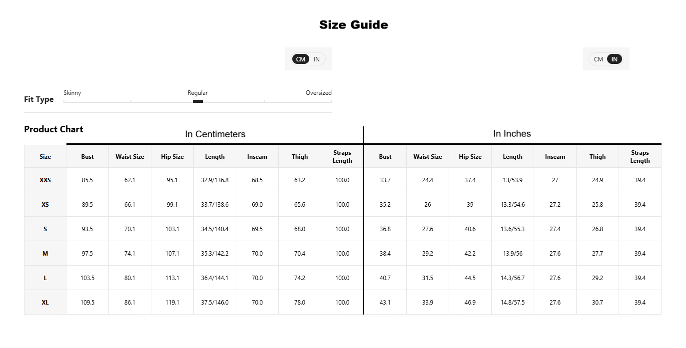A size guide size chart table for clothing, showing sizes XXS through XL with measurements in centimeters and inches, labeled as Fit Type Skinny and regular.