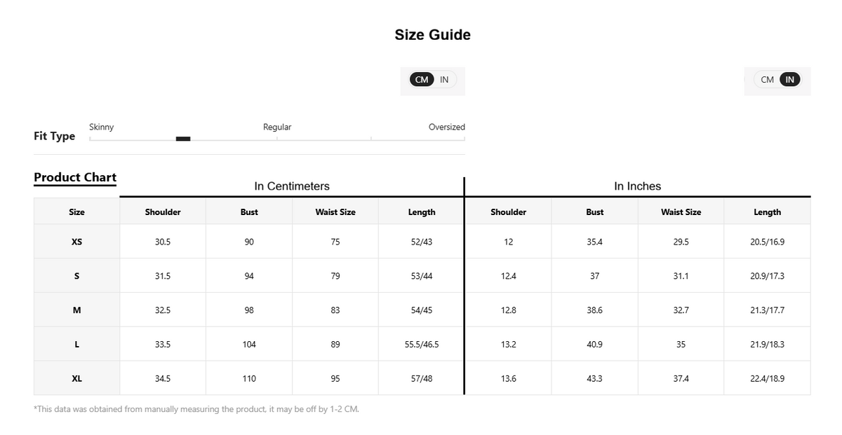 A size chart table labeled Product Chart with size options XS through XL, fit type tabs for Skinny, Regular, and Oversized, and measurements in centimeters and inches for each size.