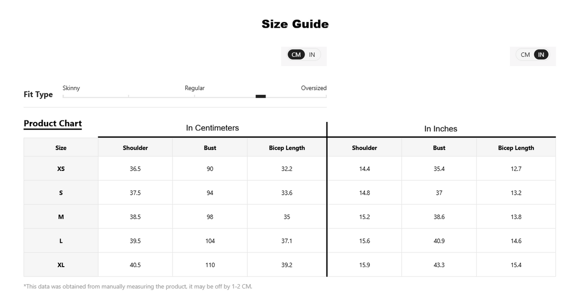 Size guide chart for clothing with measurements in centimeters and inches.