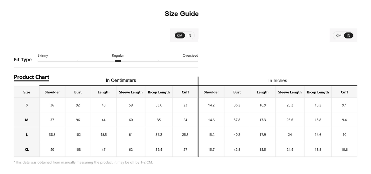 A size guide and product chart table showing measurements in centimeters and inches for sizes S through XL, with columns for Shoulder, Bust, Length, Sleeve Length, Slip Length, and Cuff.
