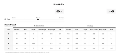 A size guide and product chart table showing measurements in centimeters and inches for sizes S through XL, with columns for Shoulder, Bust, Length, Sleeve Length, Slip Length, and Cuff.