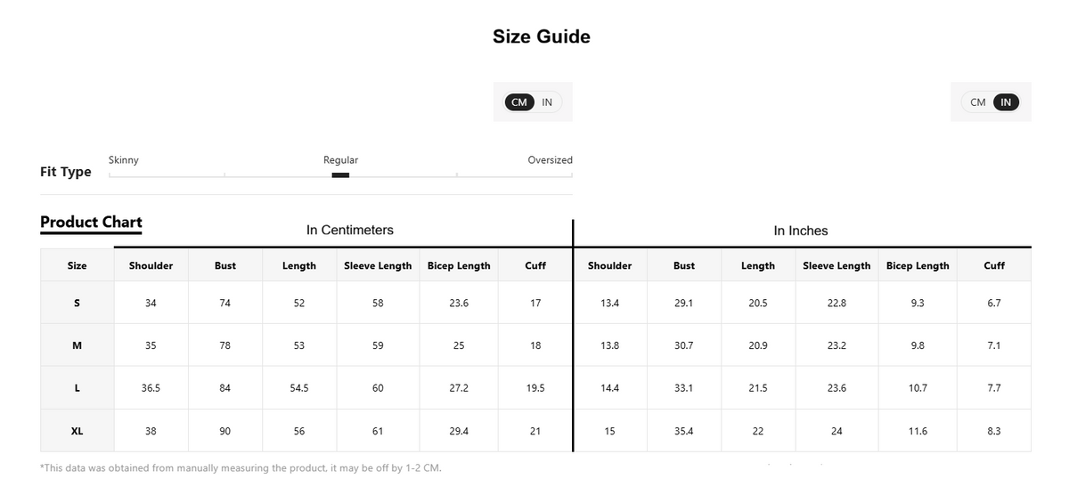 A size guide and product chart table showing measurements in centimeters and inches for sizes S through XL, with columns for Shoulder, Bust, Length, Sleeve Length, Bicep Length, and Cuff.