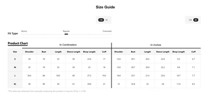 A size guide and product chart table showing measurements in centimeters and inches for sizes S through XL, with columns for Shoulder, Bust, Length, Sleeve Length, Bicep Length, and Cuff.