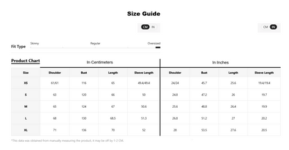 A size guide product chart showing measurements for different sizes (XS to XL) in centimeters and inches, with columns for shoulder, bust, length, and sleeve length.