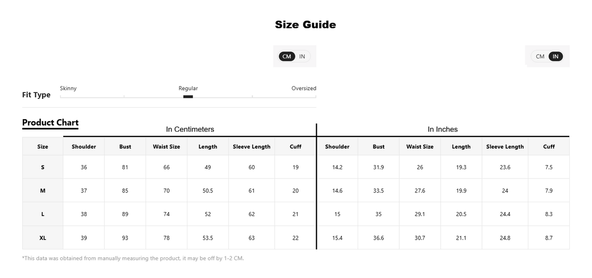 Size guide chart for clothing measurements in centimeters and inches.