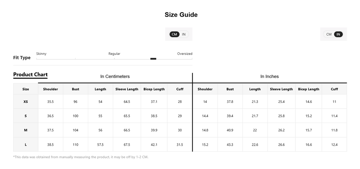 A size guide and product chart table for apparel measurements, showing fit type tabs and a size chart in centimeters and inches with rows forXS, S, M, and L.