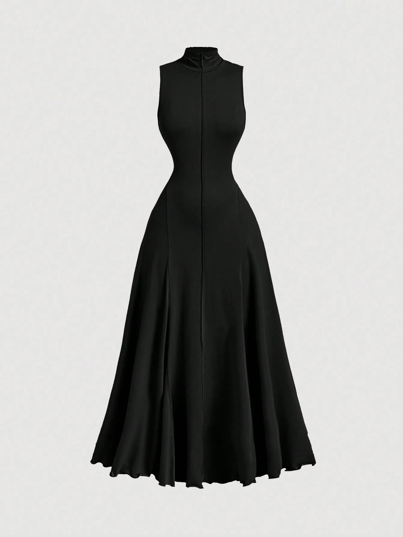 F_Fashzeo Black mock neck sleeveless long dress featuring a sleek bodycon fit and high neck for an elegant party wear aesthetic.