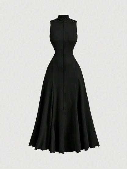 F_Fashzeo Black mock neck sleeveless long dress featuring a sleek bodycon fit and high neck for an elegant party wear aesthetic.