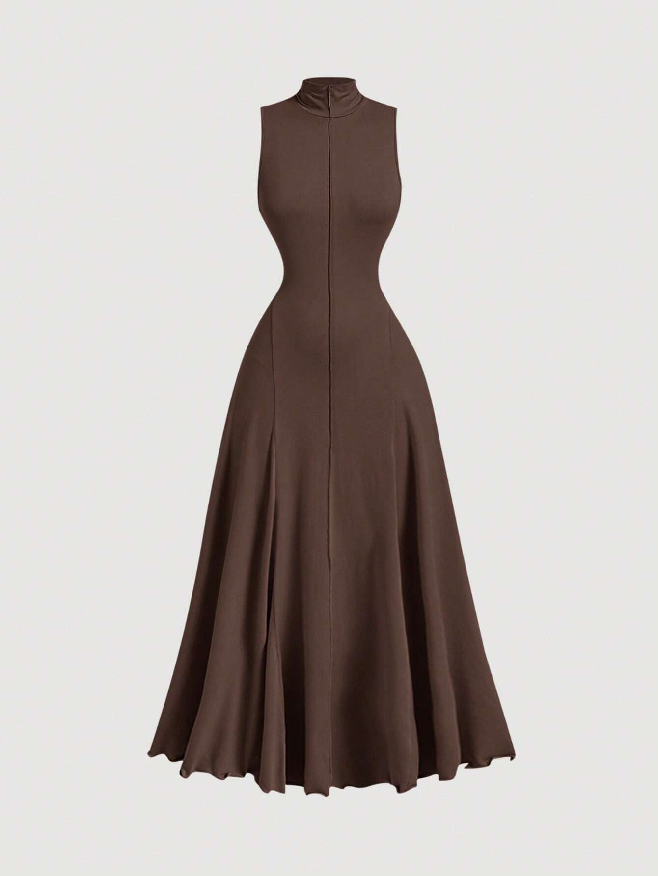 F_Fashzeo Brown mock neck sleeveless long dress featuring a sleek bodycon fit and high neck for an elegant party wear aesthetic.