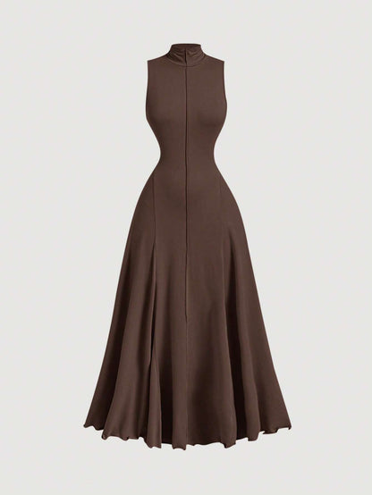F_Fashzeo Brown mock neck sleeveless long dress featuring a sleek bodycon fit and high neck for an elegant party wear aesthetic.
