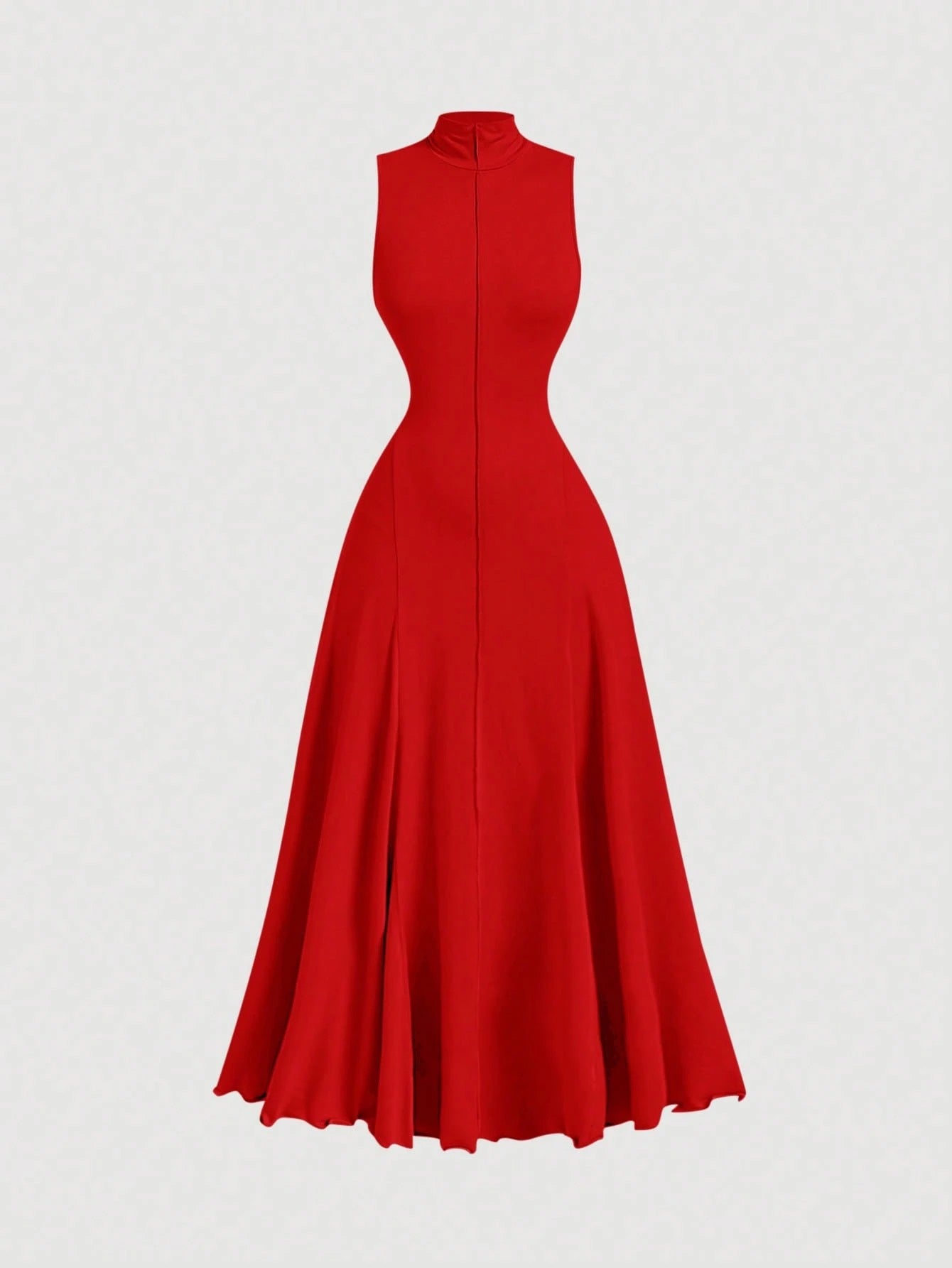 F_Fashzeo Red mock neck sleeveless long dress featuring a sleek bodycon fit and high neck for an elegant party wear aesthetic.