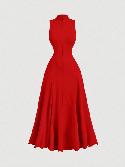 F_Fashzeo Red mock neck sleeveless long dress featuring a sleek bodycon fit and high neck for an elegant party wear aesthetic.