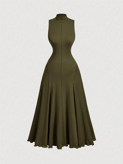 F_Fashzeo army green mock neck sleeveless long dress featuring a sleek bodycon fit and high neck for an elegant party wear aesthetic.