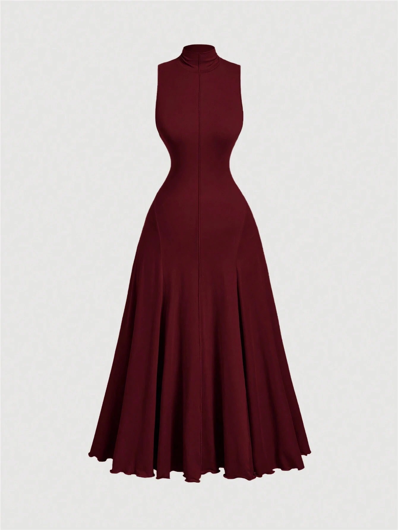 F_Fashzeo baby pink mock neck sleeveless long dress featuring a sleek bodycon fit and high neck for an elegant party wear aesthetic.