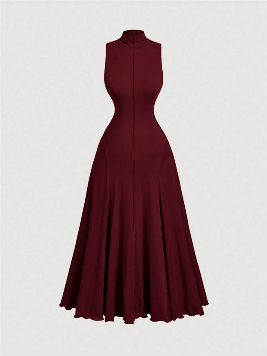 F_Fashzeo baby pink mock neck sleeveless long dress featuring a sleek bodycon fit and high neck for an elegant party wear aesthetic.