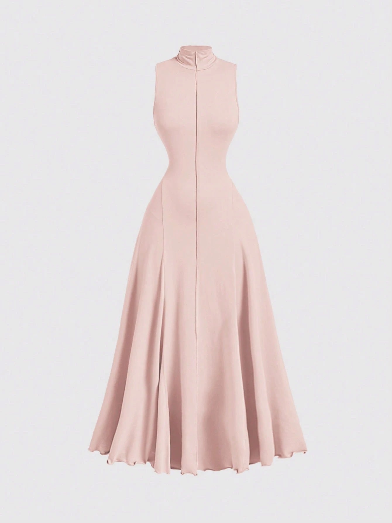 F_Fashzeo baby pink mock neck sleeveless long dress featuring a sleek bodycon fit and high neck for an elegant party wear aesthetic.