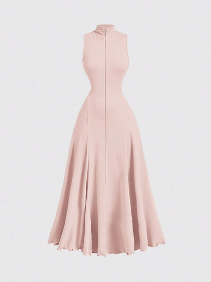 F_Fashzeo baby pink mock neck sleeveless long dress featuring a sleek bodycon fit and high neck for an elegant party wear aesthetic.