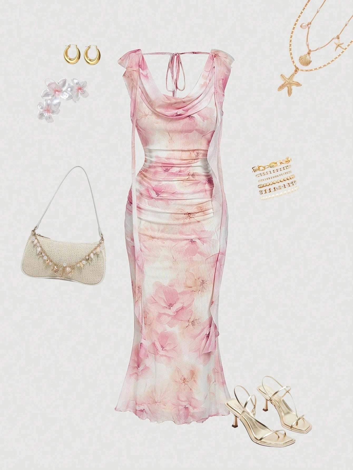 Fashzeo women's pastel pink floral print midi dress with draped cowl neck and ruched side ruffles.