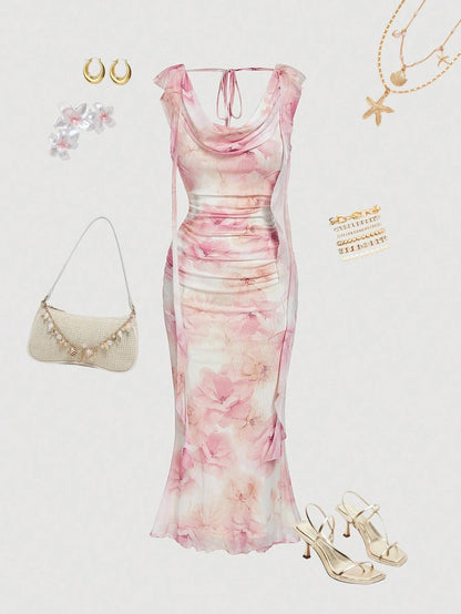 Fashzeo women's pastel pink floral print midi dress with draped cowl neck and ruched side ruffles.