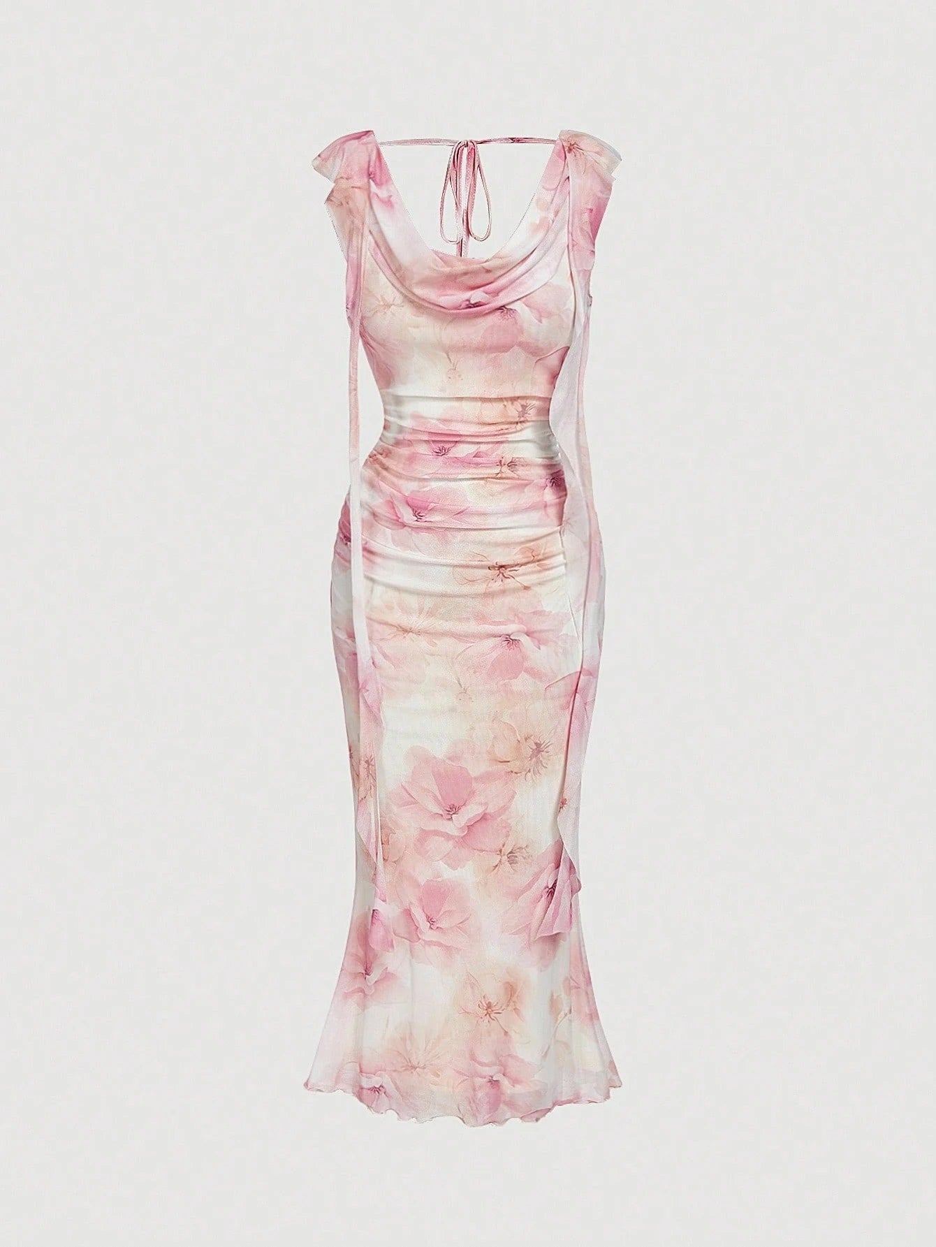 Fashzeo women's pastel pink floral print midi dress with draped cowl neck and ruched side ruffles.