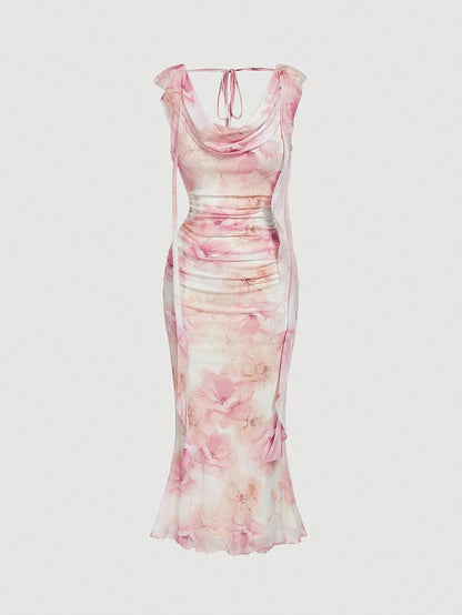 Fashzeo women's pastel pink floral print midi dress with draped cowl neck and ruched side ruffles.