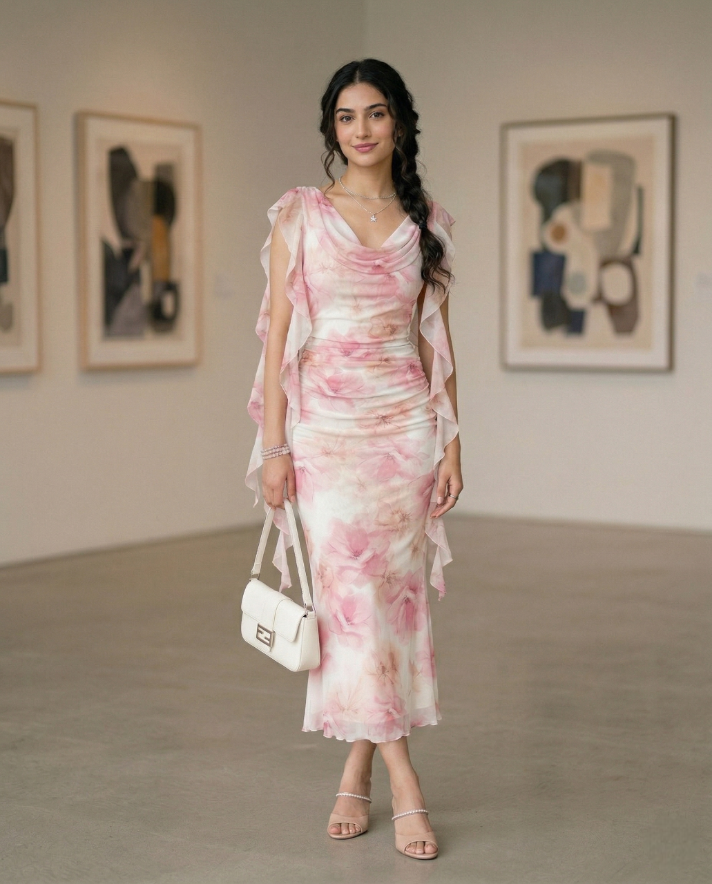 Fashzeo women's pastel pink floral print midi dress with draped cowl neck and ruched side ruffles.