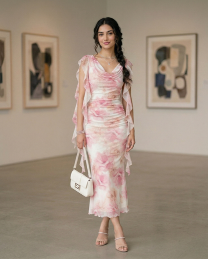 Fashzeo women's pastel pink floral print midi dress with draped cowl neck and ruched side ruffles.