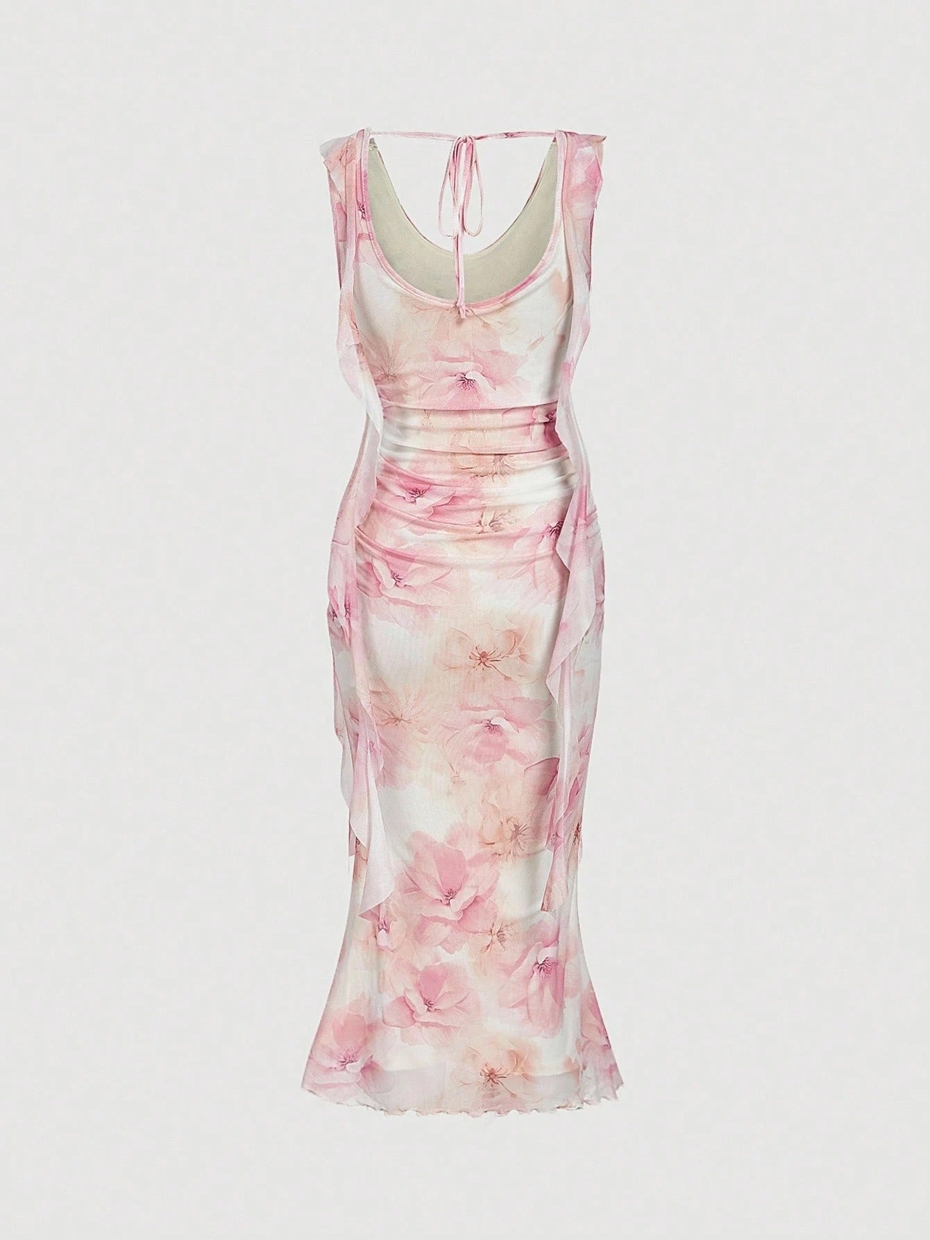 Fashzeo women's pastel pink floral print midi dress with draped cowl neck and ruched side ruffles.
